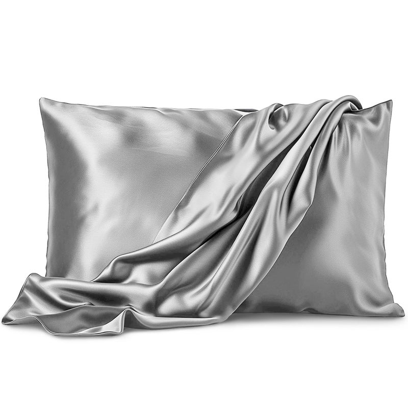 Pure Bedding طقم غطاء وسادة من الساتان النقي من قطعتين - مقاس كوين (20 بوصة × 30 بوصة رمادي) - أغطية وسائد حريرية للشعر والبشرة - أغطية وسائد من الساتان مع إغلاق مغلف - ألياف دقيقة فائقة النعومة - Image 1